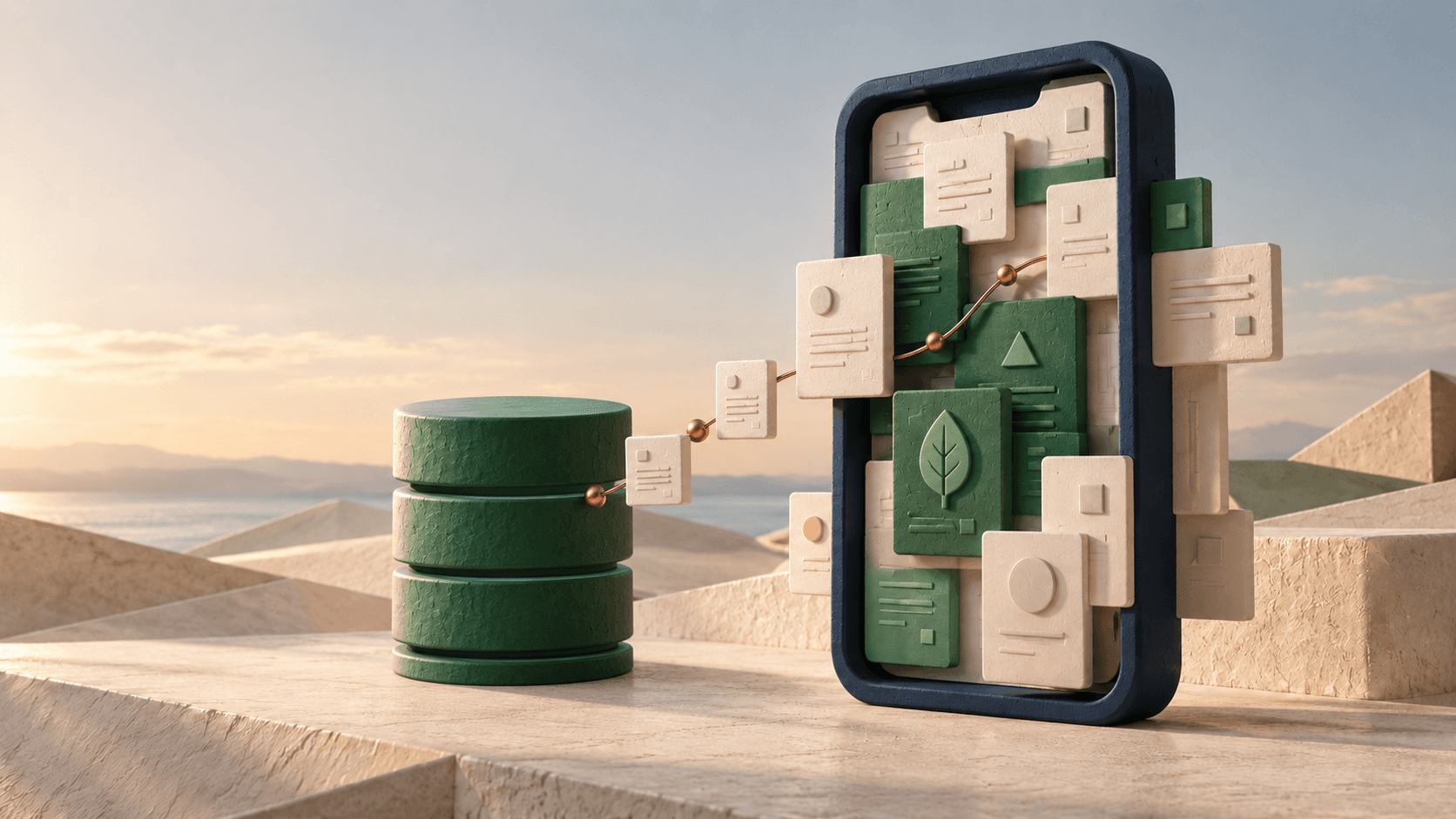An emerald database stack connects to document cards flowing into a dark blue phone, set on warm stone steps. Editorial illustration, not an app screenshot.