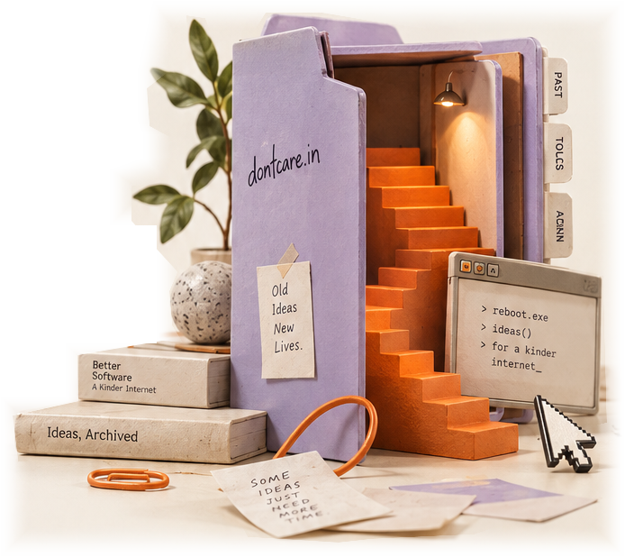 A lavender archive folder opens onto orange stairs, surrounded by a plant, stacked books, paperclips, notes, a retro window and a pixel cursor.