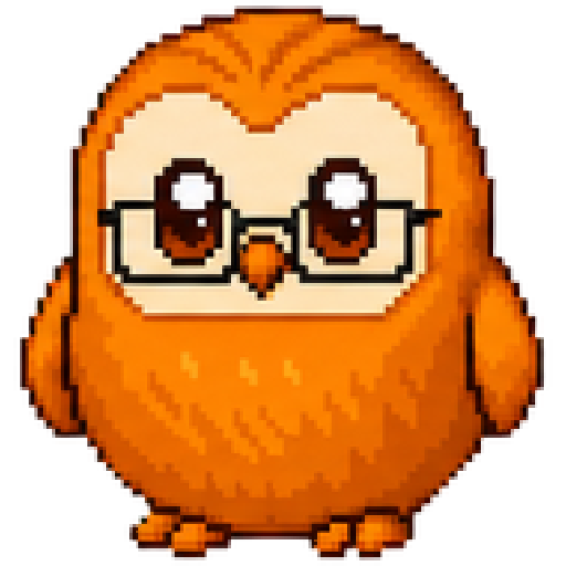 Miwl, Aekam’s mighty owl mascot: an orange pixel owl with a cream face and black glasses.